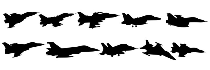 Jet fighter army plane silhouettes set, large pack of vector silhouette design, isolated white background