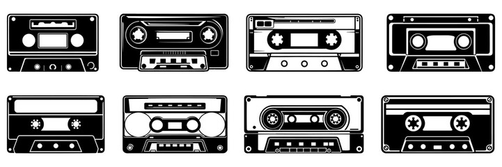 Retro vintage cassette silhouettes set, large pack of vector silhouette design, isolated white background