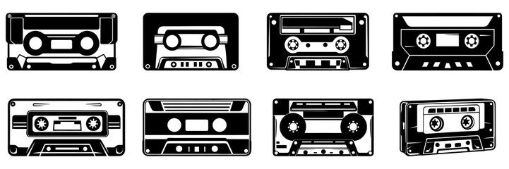 Retro vintage cassette silhouettes set, large pack of vector silhouette design, isolated white background