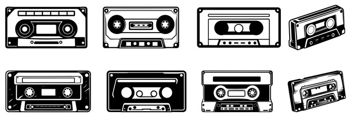 Retro vintage cassette silhouettes set, large pack of vector silhouette design, isolated white background