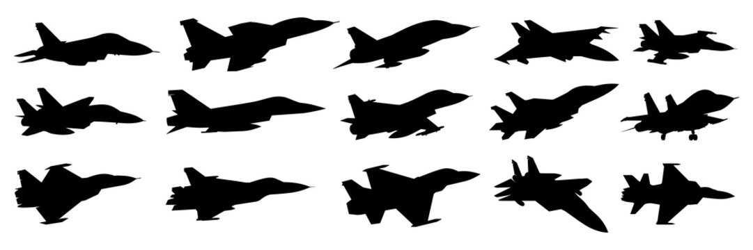 Jet fighter army plane silhouettes set, large pack of vector silhouette design, isolated white background
