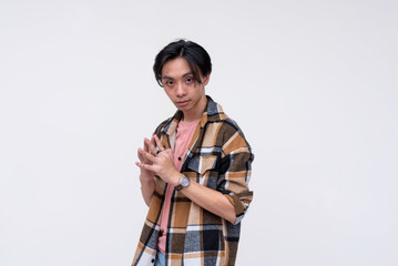 A young asian man making a business proposal. Advocating a plan, soliciting for funding. Isolated on a white background.