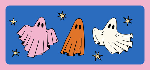 Hand drawn flying ghosts and stars. Cute vector ghost for Halloween design, posters and prints in retro groovy style. Trendy charming illustration. Trick or Treat art. Colored spooky characters