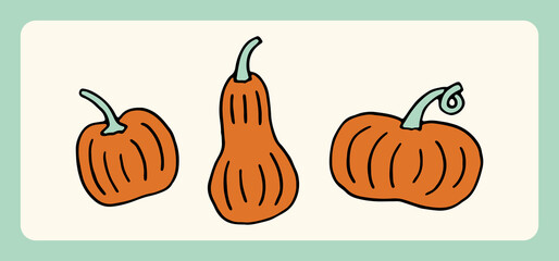 Hand drawn vector groovy pumpkins. Cute flat pumpkin for Halloween design, posters and prints. Trendy cartoon illustration. Trick or Treat art. Colored spooky festive elements
