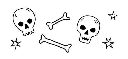 Hand drawn Halloween doodle skulls, bones and stars. Cute vector elements for Halloween design, prints, poster. Linear festive illustration. Black and white spooky elements. Trick or Treat concept