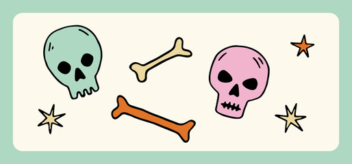 Hand drawn cartoon Halloween skulls, bones and stars. Cute vector elements for Halloween design, prints, poster. Charming festive illustration. Colored spooky elements. Trick or Treat concept