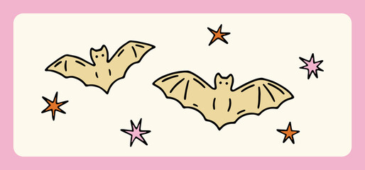 Hand drawn cartoon Halloween bats and stars. Cute vector elements for Halloween design, prints, poster. Charming festive illustration. Colored spooky elements. Trick or Treat concept
