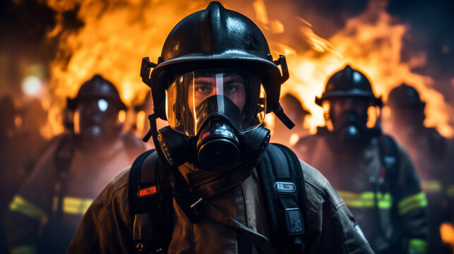 Firefighters in masks with fire in background. Safety, protection, and disaster management concept