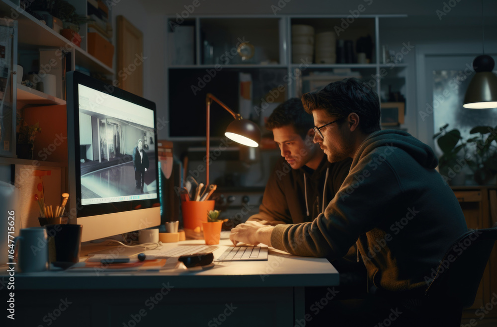 Poster two men sitting at a desk in front of a computer. ai