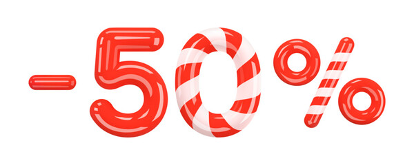 50 percent Off. Christmas Sale. Discount creative design of red and striped volumetric numbers and signs. Mega sale or ten percent bonus symbol on white. Sale banner and poster. 3d Vector