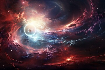 Beautiful cosmic artwork with stars and nebulae forming an ethereal spiral, accompanied by fractal waves and magical clouds. Generative AI