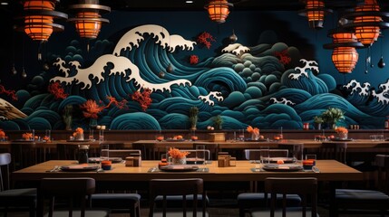 A restaurant with a large mural of waves on the wall. AI
