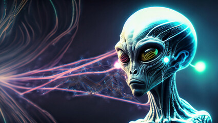 Alien portrait photo. Advanced technological lights from the future.