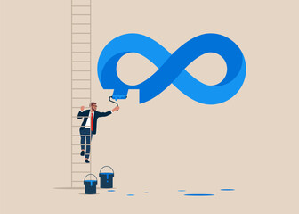 Businessman climb up ladder to paint a symbol never ending infinity loopt. Flat modern vector illustration. 