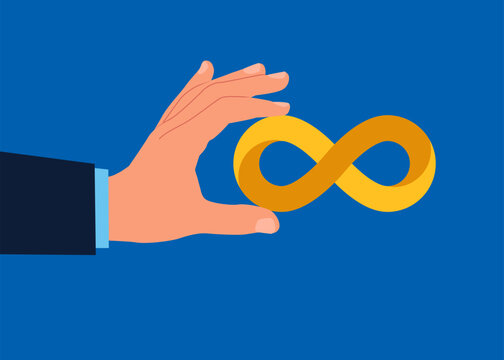 Hand holding never ending infinity loop. Cycle, illusion. Flat vector illustration