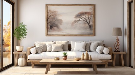 Rustic interior design of modern living room with beige fabric sofa and cushions