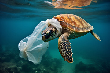 Impact of plastic pollution on sea turtles and ocean animal life. Environmental crisis. Plastic bag pollution in the ocean. Saving marine environments. Environmental problem in ocean.