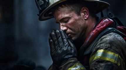 Obraz premium Firefighter praying. Safety, protection, faith and religion concept