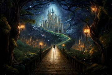 Painting of a fairy tale's midnight road leading from the castle, with a magic shoe for Cinderella. Generative AI