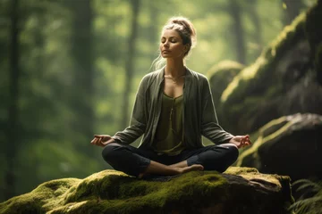 Foto op Plexiglas Woman is trying to meditate sitting on a rock in the forest © Denis
