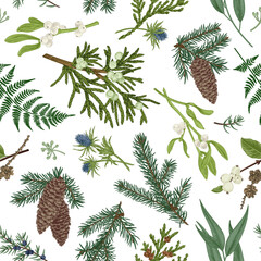 Vintage seamless Christmas pattern. Botanical background with winter plants. Illustration with spruce, juniper, fern, snow leopard, mistletoe, eucalyptus. Colorful. - 647717651