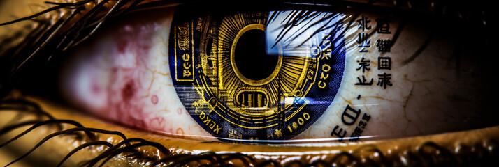 Close - up of the 'eye', magnified to reveal microprinting and anti - counterfeiting measures, dramatic lighting to highlight details