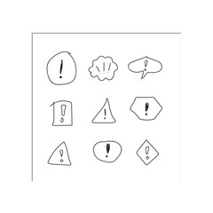 Hand-drawn exclamation mark, alert sign set. Scribble doodle exclamation point, warning, hazard sign. Hand-drawn sketch of the danger information sign. Vector illustration.