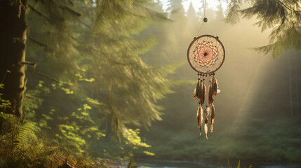 Native American dream catcher, hanging from a tree in a forest, ethereal morning mist