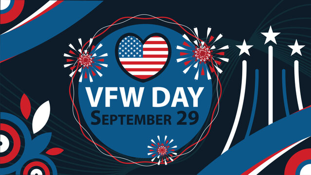 VFW DAY  vector banner design with geometric shapes and vibrant colors on a horizontal background. Happy VFW DAY modern minimal poster.