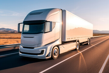 White futuristic electric semi-truck driving on an open highway with beautiful country background