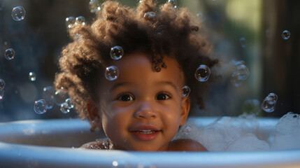 Smiling toddler bathes in bathtub with foam and bubbles. Happy baby bath time