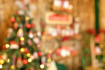 Beautiful blurred holiday decorated room with Christmas tree and bright lights , out of focus shot for photo background
