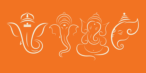 ganpati line art set. Decoration for Indian Hindu Auspicious Occasion, ganesh chaturthi special vector, editable design. poster, card, home decor. - obrazy, fototapety, plakaty