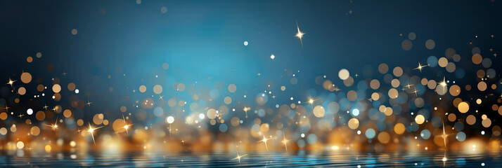 Holiday greeting card, background or wallpaper. Wavy blue water surface with gold stars and bokeh blue background. Festive concept. AI generated.