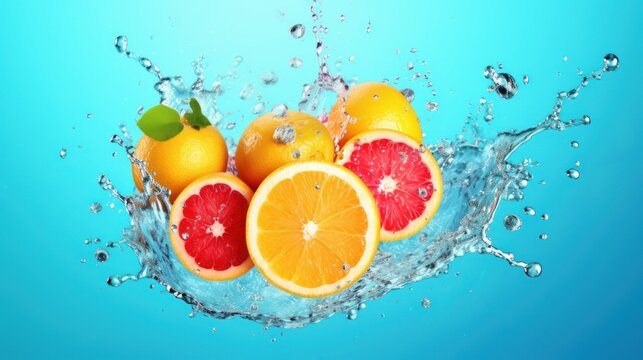 Refreshing water splash with citrus fruits on pastel background AI generated © StarStockArt
