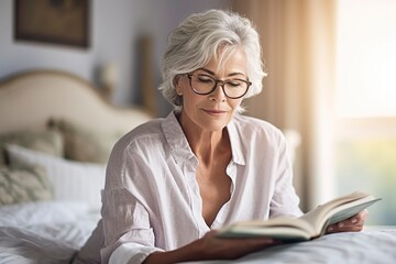 An older woman, retired and gray-haired, in a white dressing gown reads a quiet novel on her bed, a hobbit for older people. - obrazy, fototapety, plakaty