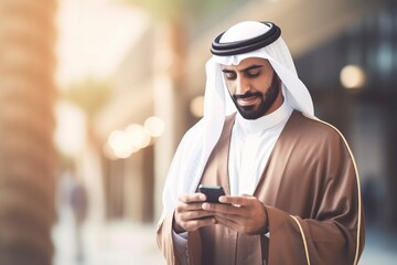 A Saudi gentleman, dressed in traditional attire, engages in contemporary commerce using mobile technology