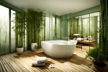 Fototapeta na wymiar A zen-inspired bathroom with bamboo and tranquil colors.