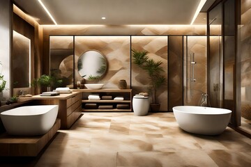 A spa-inspired bathroom with natural stone and soothing earth tones.