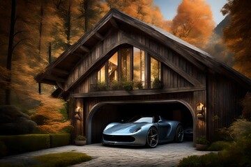 A picturesque view of a garage nestled in a tranquil setting, a true architectural masterpiece.