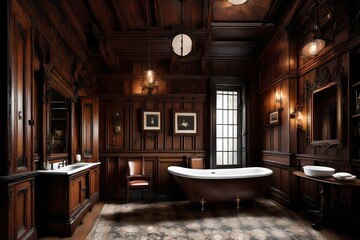A Victorian gothic bathroom with rich wood paneling and vintage fixtures.
