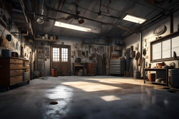an artistic shot of Empty garage interior , in American house