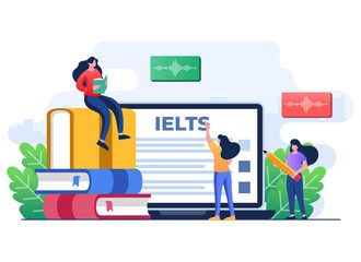 IELTS, International English Language Testing System, Students preparing for exam and studying to improve languages, English proficiency test flat illustration vector template