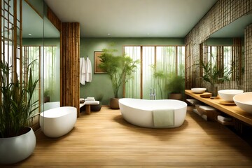 Fototapeta premium A zen-inspired bathroom with bamboo and tranquil colors.