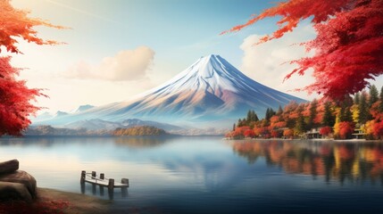 Fototapeta premium Colorful Autumn Season and Mountain Fuji with morning fog and red leaves, 16:9