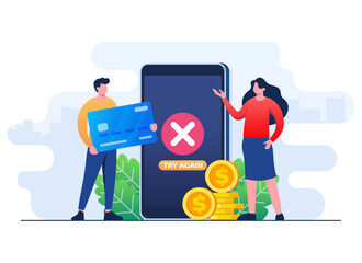  Payment error info message on smartphone screen flat illustration vector template, Cashless NFC payment failed, Online transaction canceled, Online payment payment gateway app
