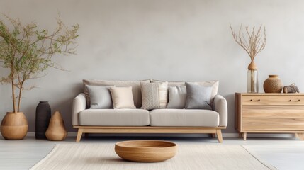 stylish boho compostion at living room interior with design gray sofa, commode and elegant personal accessories, 16:9, copy space