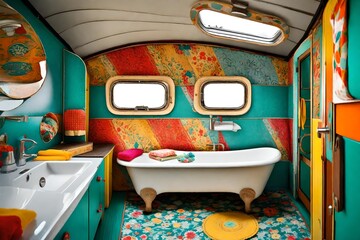 A vintage caravan bathroom with retro flair and colorful accents.