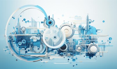 Watercolor-Painted Background Featuring Technology Gears on a Light Blue Canvas, Blending Artistic Creativity with Technical Aesthetics, Showcasing the Beauty of Industrial Design