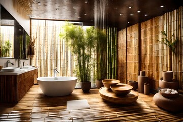 A spa oasis bathroom with a rain shower and bamboo decor. - obrazy, fototapety, plakaty